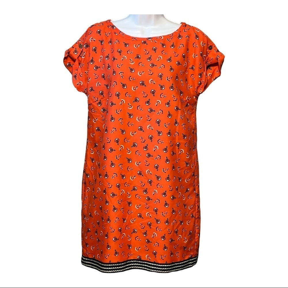 Tommy Hilfiger Anchor Print Shift Dress Orange Navy Medium Short Sleeve Nautical